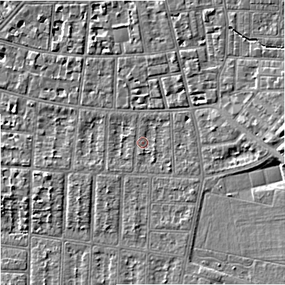 Shaded relief map of the ground around M204NY, computed from Environment Agency LiDAR. The ground here sits at about 38 m above sea level and falls 9 m across the surrounding 800 m. Surface water reaching this point runs off ground lying to the south-east, 1.9 m higher.