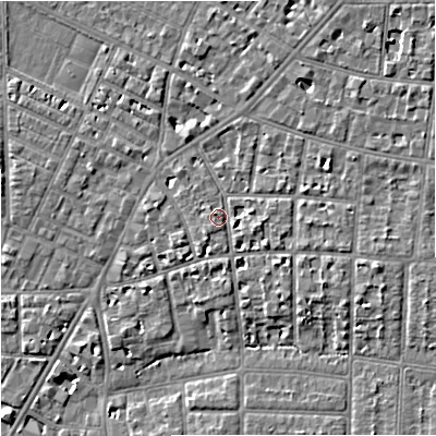 Shaded relief map of the ground around M204PX, computed from Environment Agency LiDAR. The ground here sits at about 37 m above sea level and falls 6 m across the surrounding 800 m. Surface water reaching this point runs off ground lying to the east-south-east, 3.3 m higher.