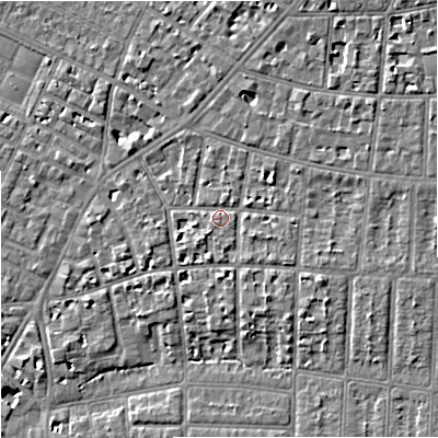 Shaded relief map of the ground around M204PY, computed from Environment Agency LiDAR. The ground here sits at about 37 m above sea level and falls 6 m across the surrounding 800 m. Surface water reaching this point runs off ground lying to the east-south-east, 2.2 m higher.