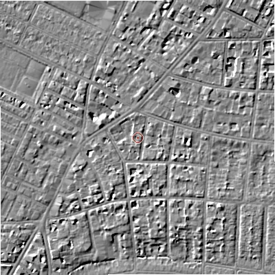 Shaded relief map of the ground around M204PZ, computed from Environment Agency LiDAR. The ground here sits at about 36 m above sea level and falls 6 m across the surrounding 800 m. Surface water reaching this point runs off ground lying to the south-east, 2.6 m higher.