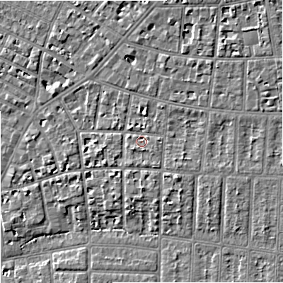 Shaded relief map of the ground around M204QA, computed from Environment Agency LiDAR. The ground here sits at about 37 m above sea level and falls 6 m across the surrounding 800 m. Surface water reaching this point runs off ground lying to the south-east, 2.2 m higher.