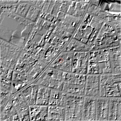 Shaded relief map of the ground around M204WA, computed from Environment Agency LiDAR. The ground here sits at about 36 m above sea level and falls 8 m across the surrounding 800 m. Surface water reaching this point runs off ground lying to the east-north-east, 1.7 m higher.