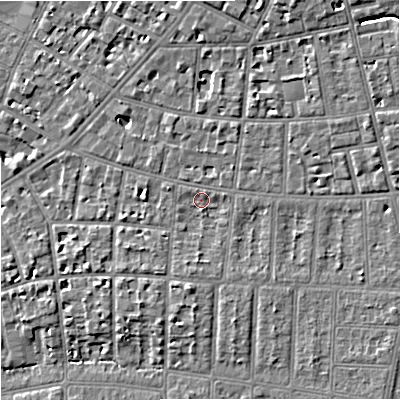 Shaded relief map of the ground around M204WD, computed from Environment Agency LiDAR. The ground here sits at about 36 m above sea level and falls 7 m across the surrounding 800 m. Surface water reaching this point runs off ground lying to the south-east, 3.1 m higher.