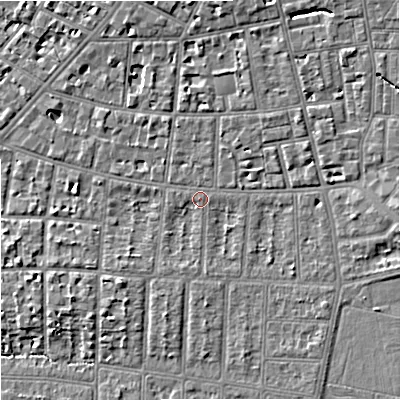 Shaded relief map of the ground around M204WF, computed from Environment Agency LiDAR. The ground here sits at about 38 m above sea level and falls 6 m across the surrounding 800 m. Surface water reaching this point runs off ground lying to the east, 4.0 m higher.