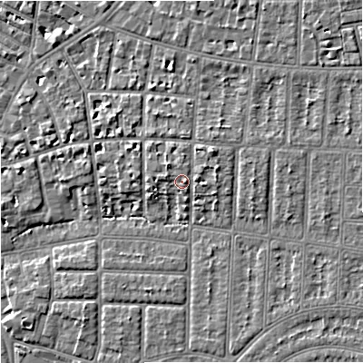 Shaded relief map of the ground around M204WG, computed from Environment Agency LiDAR. The ground here sits at about 38 m above sea level and falls 7 m across the surrounding 800 m. Surface water reaching this point runs off ground lying to the east, 1.0 m higher.