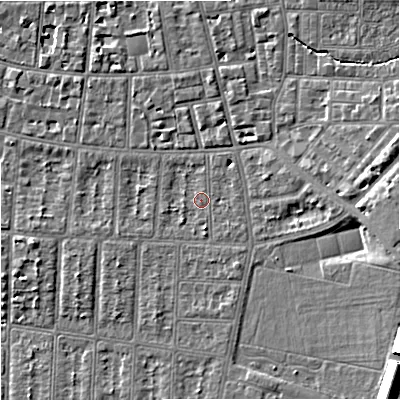 Shaded relief map of the ground around M204WH, computed from Environment Agency LiDAR. The ground here sits at about 38 m above sea level and falls 13 m across the surrounding 800 m. Surface water reaching this point runs off ground lying to the south, 1.5 m higher.