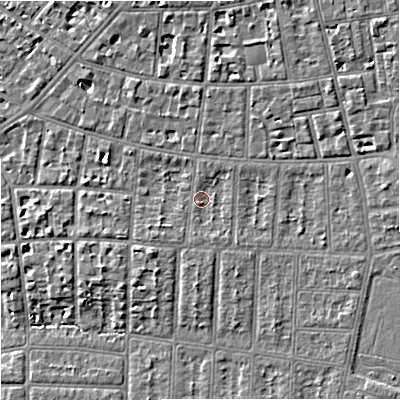 Shaded relief map of the ground around M204WS, computed from Environment Agency LiDAR. The ground here sits at about 37 m above sea level and falls 5 m across the surrounding 800 m. Surface water reaching this point runs off ground lying to the east-south-east, 2.7 m higher.