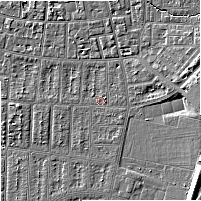 Shaded relief map of the ground around M204WZ, computed from Environment Agency LiDAR. The ground here sits at about 38 m above sea level and falls 13 m across the surrounding 800 m. Surface water reaching this point runs off ground lying to the south-east, 0.8 m higher.