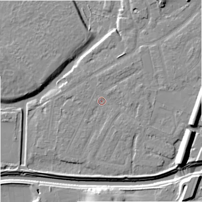 Shaded relief map of the ground around M205GA, computed from Environment Agency LiDAR. The ground here sits at about 32 m above sea level and falls 14 m across the surrounding 800 m. Surface water reaching this point runs off ground lying to the east, 8.3 m higher.