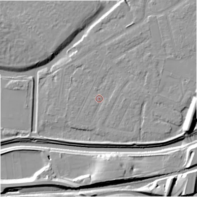 Shaded relief map of the ground around M205GF, computed from Environment Agency LiDAR. The ground here sits at about 32 m above sea level and falls 15 m across the surrounding 800 m. Surface water reaching this point runs off ground lying to the south-west, 0.6 m higher.