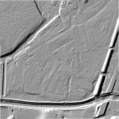 Shaded relief map of the ground around M205GG, computed from Environment Agency LiDAR. The ground here sits at about 32 m above sea level and falls 16 m across the surrounding 800 m. Surface water reaching this point runs off ground lying to the south-east, 9.2 m higher.