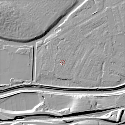 Shaded relief map of the ground around M205GH, computed from Environment Agency LiDAR. The ground here sits at about 32 m above sea level and falls 15 m across the surrounding 800 m. Surface water reaching this point runs off ground lying to the west-south-west, 0.6 m higher.