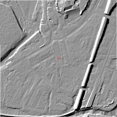 Shaded relief map of the ground around M205GJ, computed from Environment Agency LiDAR. The ground here sits at about 33 m above sea level and falls 15 m across the surrounding 800 m. Surface water reaching this point runs off ground lying to the east-north-east, 1.4 m higher.