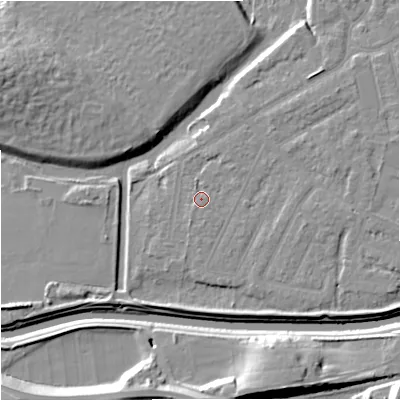 Shaded relief map of the ground around M205GL, computed from Environment Agency LiDAR. The ground here sits at about 32 m above sea level and falls 15 m across the surrounding 800 m. Surface water reaching this point runs off ground lying to the east-north-east, 0.9 m higher.