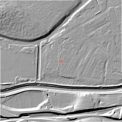 Shaded relief map of the ground around M205GN, computed from Environment Agency LiDAR. The ground here sits at about 32 m above sea level and falls 15 m across the surrounding 800 m. Surface water reaching this point runs off ground lying to the north-east, 0.9 m higher.
