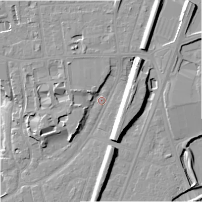Shaded relief map of the ground around M205GP, computed from Environment Agency LiDAR. The ground here sits at about 34 m above sea level and falls 17 m across the surrounding 800 m. Surface water reaching this point runs off ground lying to the west, 5.5 m higher.