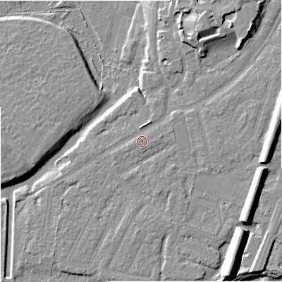 Shaded relief map of the ground around M205GQ, computed from Environment Agency LiDAR. The ground here sits at about 34 m above sea level and falls 14 m across the surrounding 800 m. Surface water reaching this point runs off ground lying to the south-south-east, 1.1 m higher.