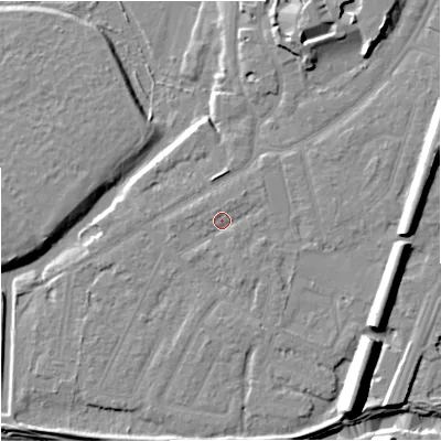 Shaded relief map of the ground around M205GR, computed from Environment Agency LiDAR. The ground here sits at about 33 m above sea level and falls 14 m across the surrounding 800 m. Surface water reaching this point runs off ground lying to the east, 1.7 m higher.
