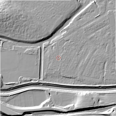 Shaded relief map of the ground around M205GS, computed from Environment Agency LiDAR. The ground here sits at about 32 m above sea level and falls 15 m across the surrounding 800 m. Surface water reaching this point runs off ground lying to the east-south-east, 1.0 m higher.