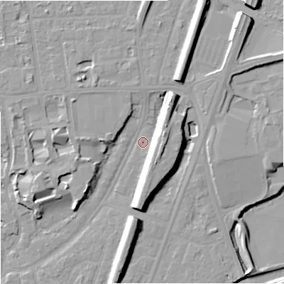 Shaded relief map of the ground around M205NE, computed from Environment Agency LiDAR. The ground here sits at about 35 m above sea level and falls 14 m across the surrounding 800 m. Surface water reaching this point runs off ground lying to the north-east, 10.3 m higher.