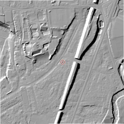 Shaded relief map of the ground around M205NN, computed from Environment Agency LiDAR. The ground here sits at about 34 m above sea level and falls 16 m across the surrounding 800 m. Surface water reaching this point runs off ground lying to the north-north-east, 10.9 m higher.