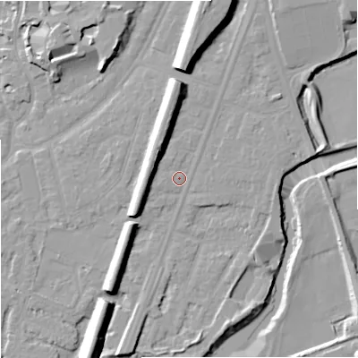 Shaded relief map of the ground around M205NR, computed from Environment Agency LiDAR. The ground here sits at about 35 m above sea level and falls 14 m across the surrounding 800 m. Surface water reaching this point runs off ground lying to the north, 9.4 m higher.