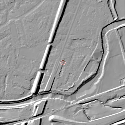 Shaded relief map of the ground around M205NS, computed from Environment Agency LiDAR. The ground here sits at about 34 m above sea level and falls 17 m across the surrounding 800 m. Surface water reaching this point runs off ground lying to the south-south-west, 4.3 m higher.