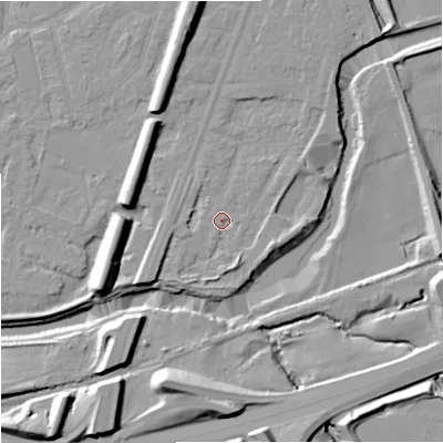Shaded relief map of the ground around M205NT, computed from Environment Agency LiDAR. The ground here sits at about 34 m above sea level and falls 17 m across the surrounding 800 m. Surface water reaching this point runs off ground lying to the south-west, 1.8 m higher.