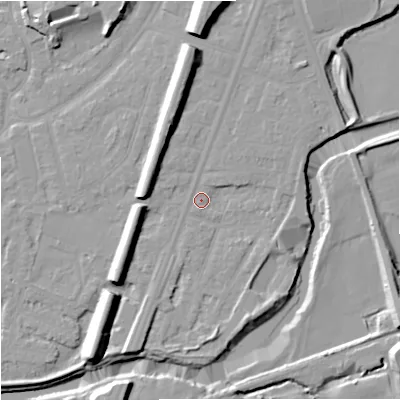 Shaded relief map of the ground around M205NU, computed from Environment Agency LiDAR. The ground here sits at about 34 m above sea level and falls 14 m across the surrounding 800 m. Surface water reaching this point runs off ground lying to the south-south-west, 4.3 m higher.