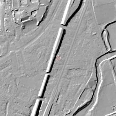 Shaded relief map of the ground around M205NY, computed from Environment Agency LiDAR. The ground here sits at about 35 m above sea level and falls 15 m across the surrounding 800 m. Surface water reaching this point runs off ground lying to the north-west, 6.1 m higher.