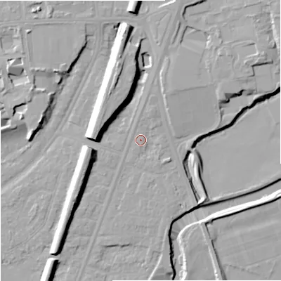 Shaded relief map of the ground around M205PA, computed from Environment Agency LiDAR. The ground here sits at about 35 m above sea level and falls 14 m across the surrounding 800 m. Surface water reaching this point runs off ground lying to the north-north-east, 2.4 m higher.