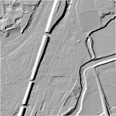 Shaded relief map of the ground around M205PB, computed from Environment Agency LiDAR. The ground here sits at about 35 m above sea level and falls 14 m across the surrounding 800 m. Surface water reaching this point runs off ground lying to the north-north-east, 3.5 m higher.