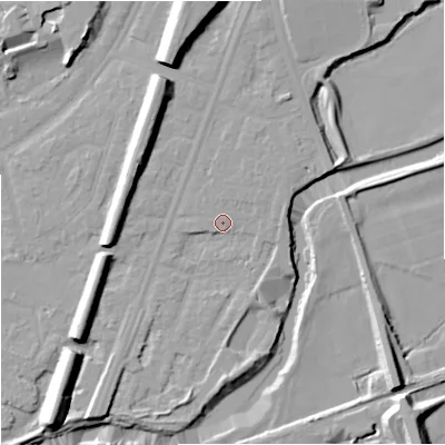 Shaded relief map of the ground around M205PD, computed from Environment Agency LiDAR. The ground here sits at about 35 m above sea level and falls 14 m across the surrounding 800 m. Surface water reaching this point runs off ground lying to the north, 4.4 m higher.