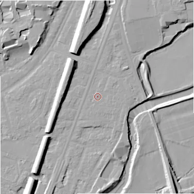 Shaded relief map of the ground around M205PE, computed from Environment Agency LiDAR. The ground here sits at about 35 m above sea level and falls 14 m across the surrounding 800 m. Surface water reaching this point runs off ground lying to the north-east, 1.1 m higher.