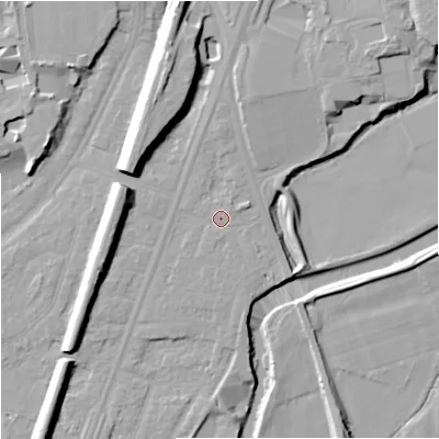 Shaded relief map of the ground around M205PF, computed from Environment Agency LiDAR. The ground here sits at about 35 m above sea level and falls 14 m across the surrounding 800 m. Surface water reaching this point runs off ground lying to the south, 0.7 m higher.