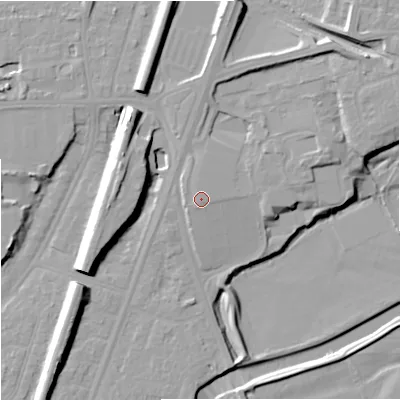 Shaded relief map of the ground around M205PG, computed from Environment Agency LiDAR. The ground here sits at about 39 m above sea level and falls 14 m across the surrounding 800 m. Surface water reaching this point runs off ground lying to the north-north-west, 0.6 m higher.