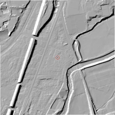 Shaded relief map of the ground around M205PH, computed from Environment Agency LiDAR. The ground here sits at about 35 m above sea level and falls 14 m across the surrounding 800 m. Surface water reaching this point runs off ground lying to the north-north-east, 0.6 m higher.