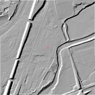 Shaded relief map of the ground around M205PJ, computed from Environment Agency LiDAR. The ground here sits at about 35 m above sea level and falls 14 m across the surrounding 800 m. Surface water reaching this point runs off ground lying to the east-north-east, 0.6 m higher.