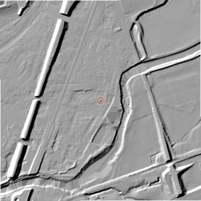 Shaded relief map of the ground around M205PL, computed from Environment Agency LiDAR. The ground here sits at about 34 m above sea level and falls 14 m across the surrounding 800 m. Surface water reaching this point runs off ground lying to the north-east, 2.1 m higher.