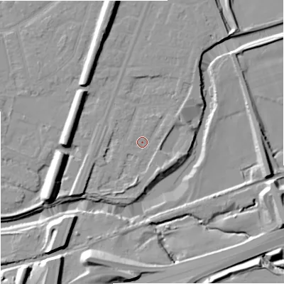 Shaded relief map of the ground around M205PN, computed from Environment Agency LiDAR. The ground here sits at about 34 m above sea level and falls 17 m across the surrounding 800 m. Surface water reaching this point runs off ground lying to the south-west, 4.3 m higher.