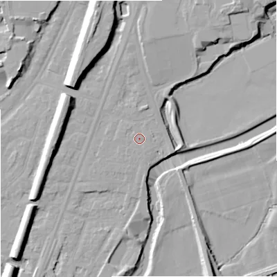 Shaded relief map of the ground around M205PP, computed from Environment Agency LiDAR. The ground here sits at about 35 m above sea level and falls 14 m across the surrounding 800 m. The ground contributing surface water to this point lies to the south-south-east.