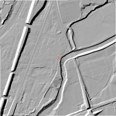 Shaded relief map of the ground around M205PQ, computed from Environment Agency LiDAR. The ground here sits at about 35 m above sea level and falls 14 m across the surrounding 800 m. Surface water reaching this point runs off ground lying to the north-north-east, 0.7 m higher.