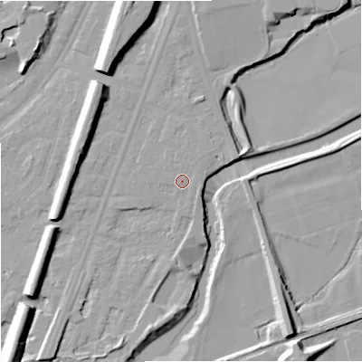 Shaded relief map of the ground around M205PR, computed from Environment Agency LiDAR. The ground here sits at about 35 m above sea level and falls 14 m across the surrounding 800 m. Surface water reaching this point runs off ground lying to the north-east, 0.5 m higher.