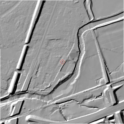 Shaded relief map of the ground around M205PW, computed from Environment Agency LiDAR. The ground here sits at about 35 m above sea level and falls 17 m across the surrounding 800 m. Surface water reaching this point runs off ground lying to the south-east, 1.9 m higher.