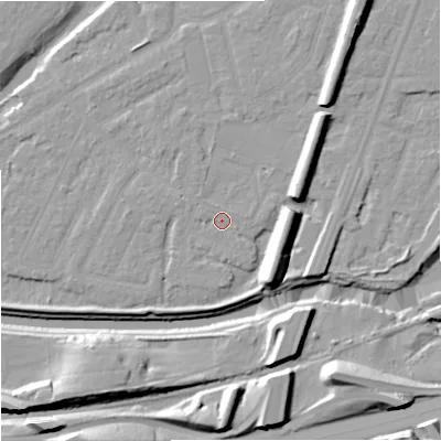 Shaded relief map of the ground around M205QB, computed from Environment Agency LiDAR. The ground here sits at about 33 m above sea level and falls 17 m across the surrounding 800 m. Surface water reaching this point runs off ground lying to the south-east, 9.2 m higher.