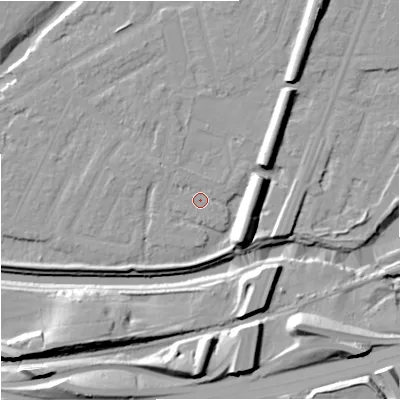Shaded relief map of the ground around M205QD, computed from Environment Agency LiDAR. The ground here sits at about 33 m above sea level and falls 17 m across the surrounding 800 m. Surface water reaching this point runs off ground lying to the north-east, 1.0 m higher.