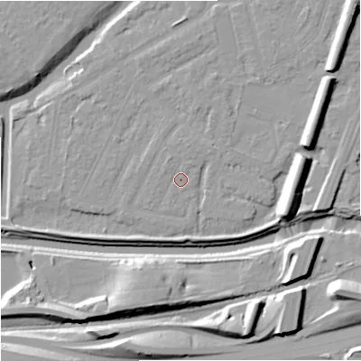 Shaded relief map of the ground around M205QF, computed from Environment Agency LiDAR. The ground here sits at about 33 m above sea level and falls 17 m across the surrounding 800 m. Surface water reaching this point runs off ground lying to the north-north-east, 1.7 m higher.