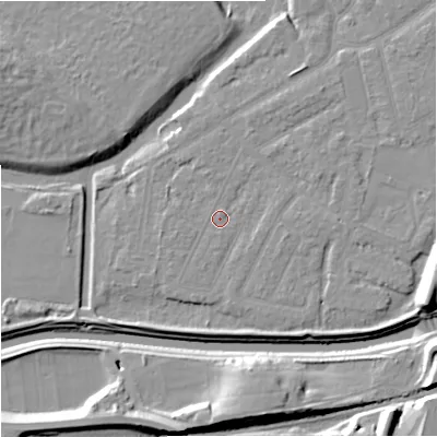 Shaded relief map of the ground around M205QH, computed from Environment Agency LiDAR. The ground here sits at about 32 m above sea level and falls 15 m across the surrounding 800 m. Surface water reaching this point runs off ground lying to the east, 2.5 m higher.