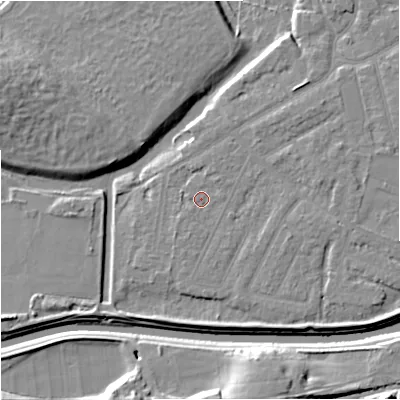 Shaded relief map of the ground around M205QJ, computed from Environment Agency LiDAR. The ground here sits at about 32 m above sea level and falls 15 m across the surrounding 800 m. Surface water reaching this point runs off ground lying to the east, 2.4 m higher.