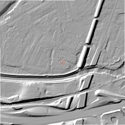 Shaded relief map of the ground around M205QL, computed from Environment Agency LiDAR. The ground here sits at about 33 m above sea level and falls 18 m across the surrounding 800 m. Surface water reaching this point runs off ground lying to the east-north-east, 1.2 m higher.